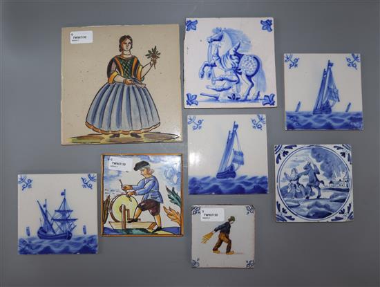 A collection of ceramic wall tiles, including Dutch Delft and Delft-style blue and white and Casa Pupo examples